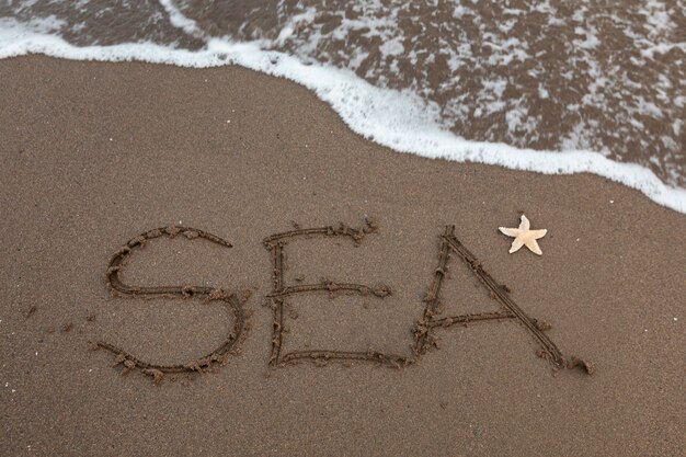 Vista della sabbia della spiaggia in estate con un messaggio scritto su di essa