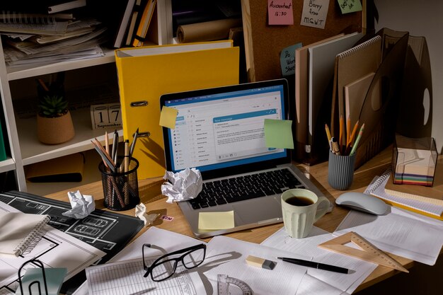 Vista della scrivania dell'ufficio con un'area di lavoro disordinata e un computer portatile