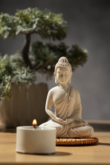 Vista della statuetta di buddha con l'albero dei bonsai