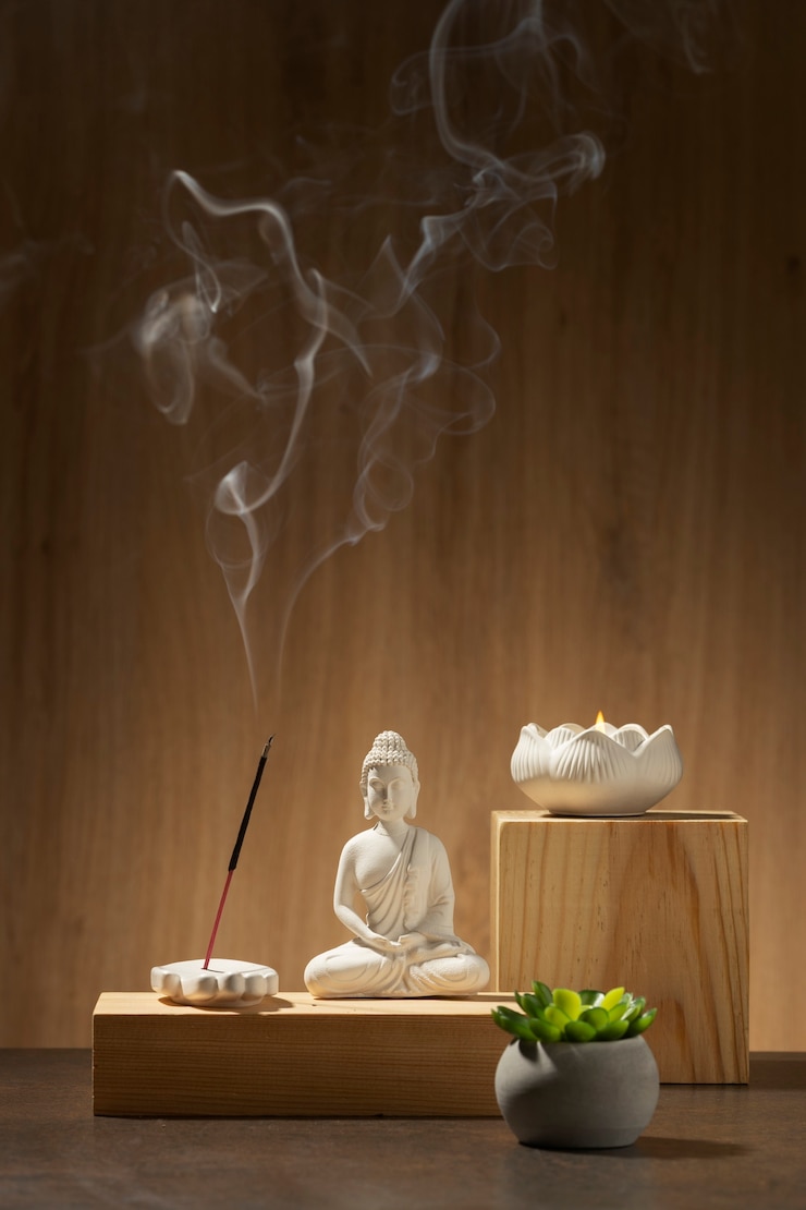Foto gratuito vista della statuetta di buddha con l'incenso