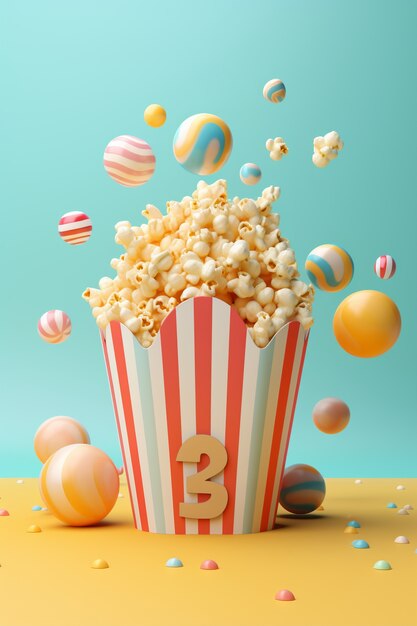 Vista della tazza 3d di popcorn del cinema