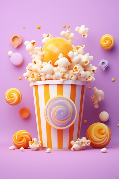 Vista della tazza 3d di popcorn del cinema