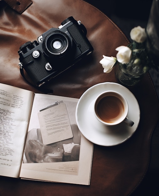 Vista della tazza di caffè con la macchina fotografica