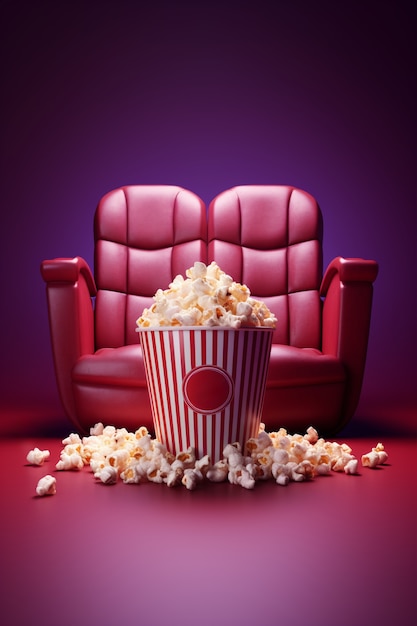 Vista della tazza di popcorn 3d con il sedile del cinema