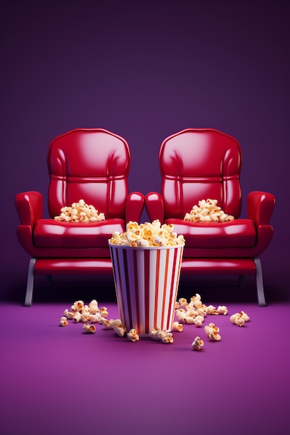 Vista della tazza di popcorn 3d con il sedile del cinema