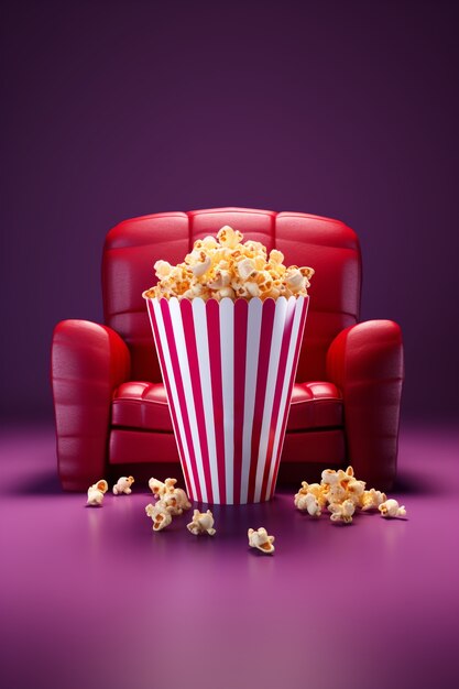 Vista della tazza di popcorn 3d con il sedile del cinema