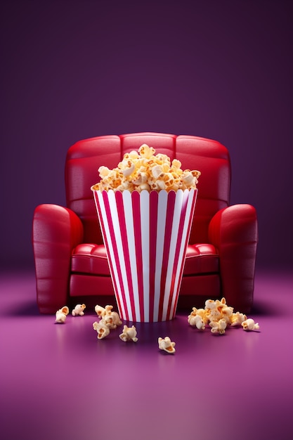 Vista della tazza di popcorn 3d con il sedile del cinema