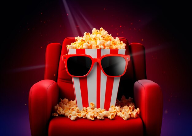 Vista della tazza di popcorn 3d con il sedile del cinema