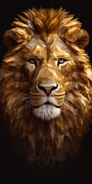Vista della testa di leone poli 3d con criniera