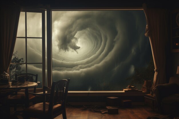 Vista delle nuvole in stile scuro attraverso la finestra della casa