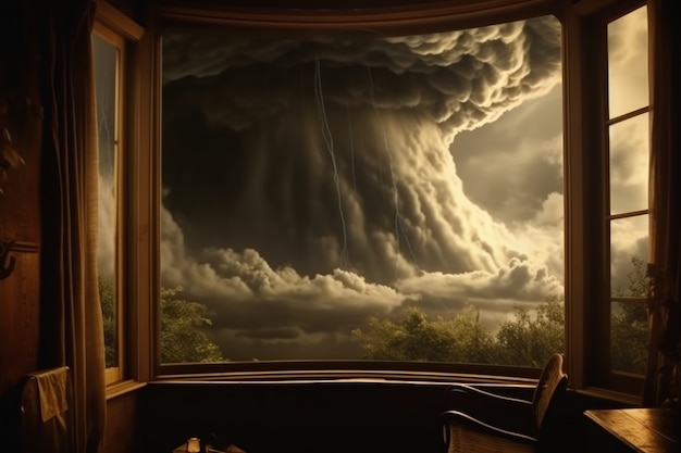 Vista delle nuvole in stile scuro attraverso la finestra della casa