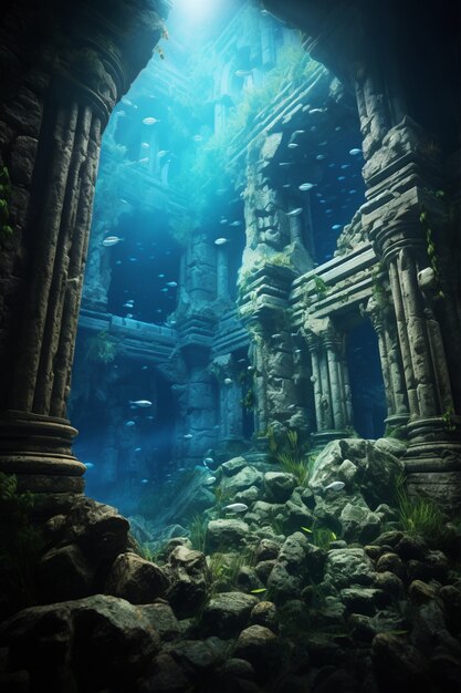 Vista delle rovine archeologiche di edifici sottomarini con vita marina e pesci