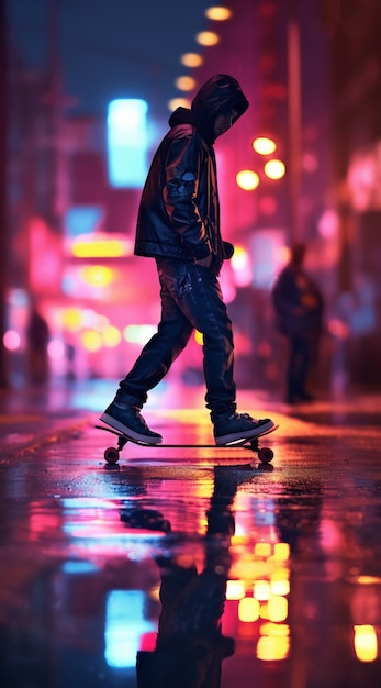 Vista dello skateboarder di notte in città
