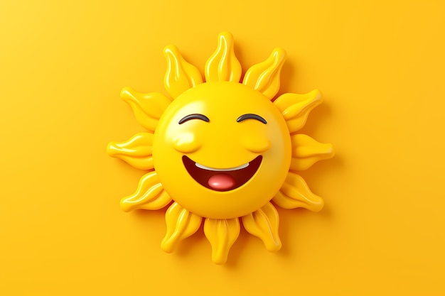 Vista dello smiley 3d e del sole felice con sfondo giallo