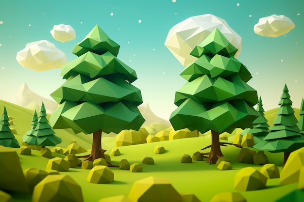 Vista di alberi geometrici 3d con rocce e sfondo cielo