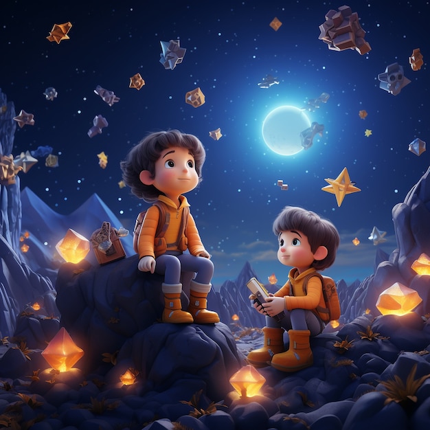 Vista di bambini 3d con lanterne di notte