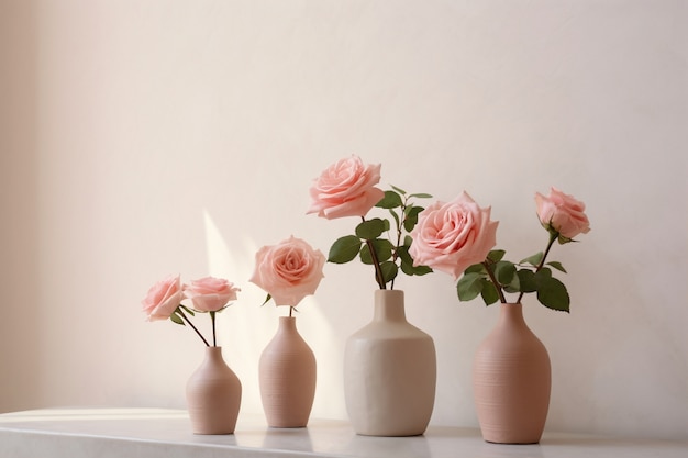 Vista di bellissimi fiori di rosa in fiore in vasi