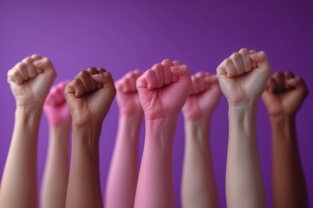 Vista di mani con i pugni in alto per la celebrazione della Giornata della Donna