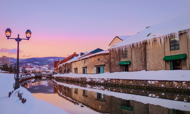 Vista di Otaru Canel in stagione invernale con tramonto, Hokkaido - Giappone.