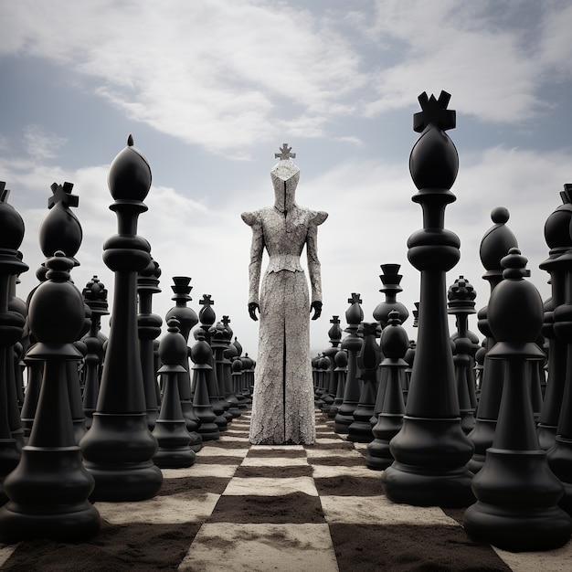 Vista di pezzi degli scacchi drammatici con figura misteriosa