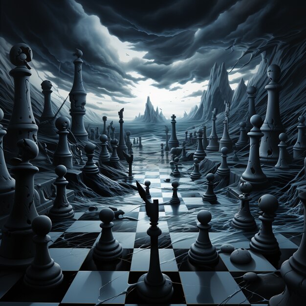 Vista di pezzi degli scacchi drammatici con tempo tempestoso