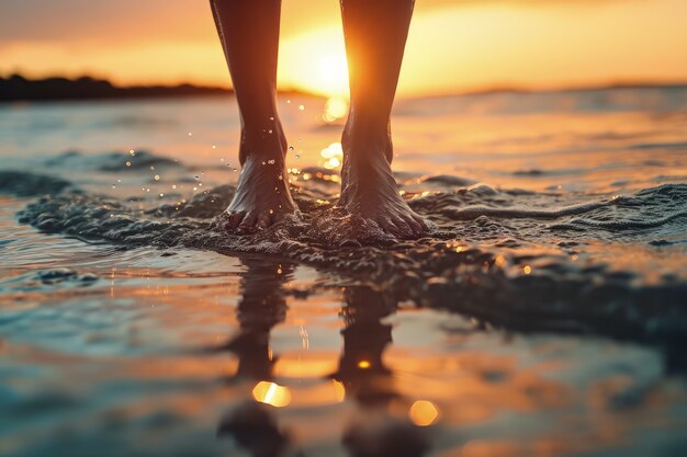 Vista di piedi realistici che toccano l'acqua limpida che scorre