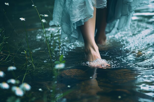 Vista di piedi realistici che toccano l'acqua limpida che scorre