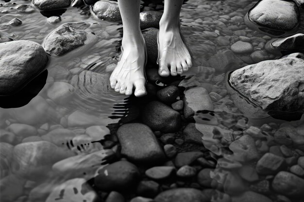 Vista di piedi realistici che toccano l'acqua limpida che scorre