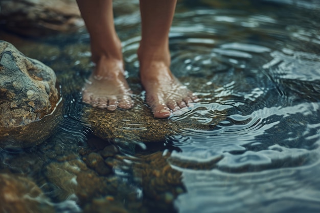 Vista di piedi realistici che toccano l'acqua limpida che scorre