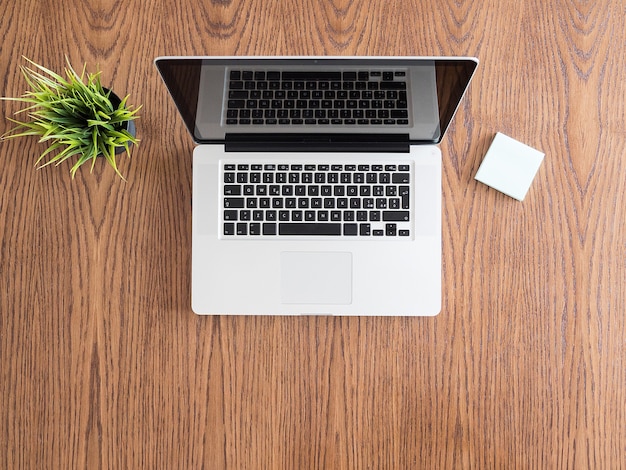 Vista di punta della scrivania dell'uomo d'affari con un laptop e un vaso d'erba. Immagine flatlay