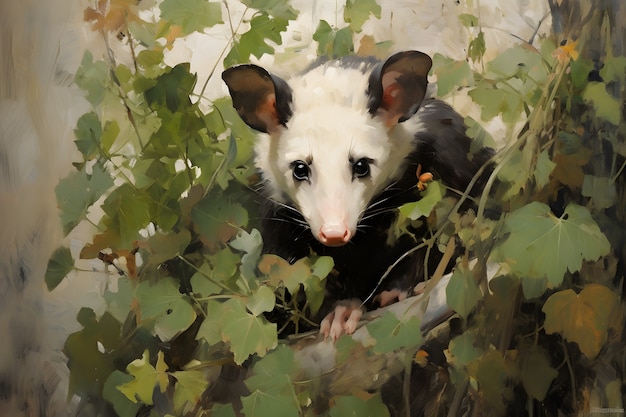 Vista di un animale opossum con vegetazione in stile d'arte digitale