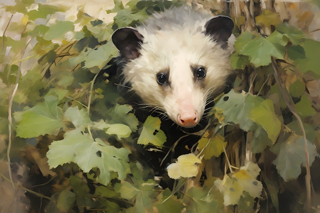 Vista di un animale opossum con vegetazione in stile d'arte digitale