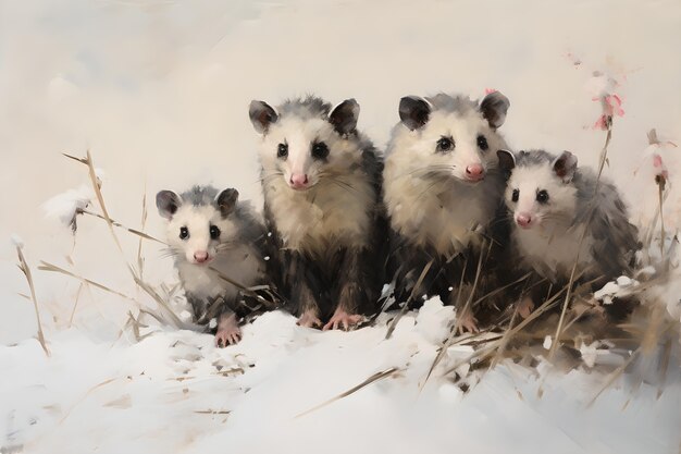 Vista di un animale opossum in stile d'arte digitale con la neve