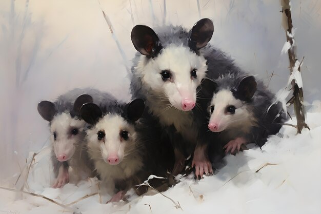 Vista di un animale opossum in stile d'arte digitale con la neve
