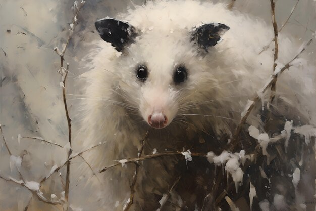 Vista di un animale opossum in stile d'arte digitale con la neve