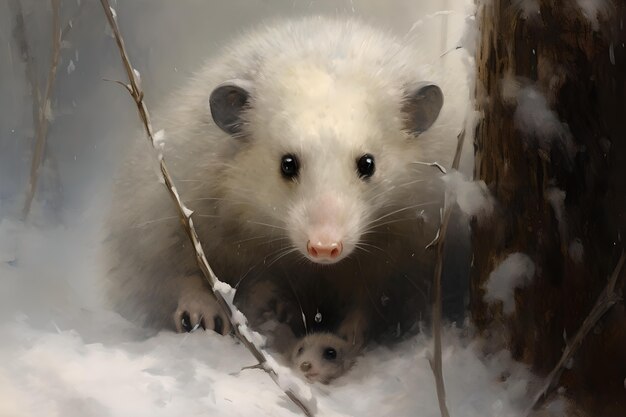 Vista di un animale opossum in stile d'arte digitale con la neve
