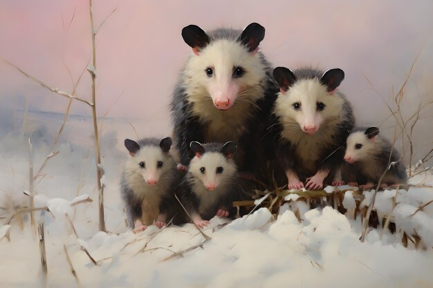 Vista di un animale opossum in stile d'arte digitale con la neve