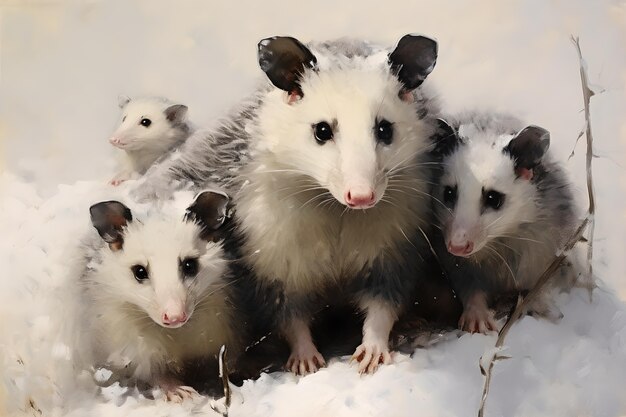 Vista di un animale opossum in stile d'arte digitale con la neve