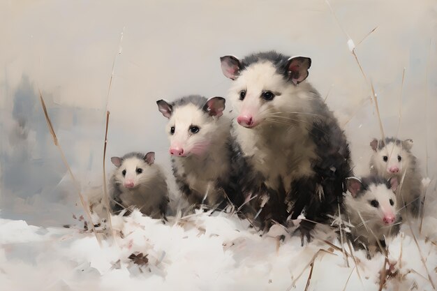 Vista di un animale opossum in stile d'arte digitale con la neve