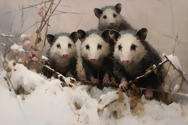 Vista di un animale opossum in stile d'arte digitale con la neve