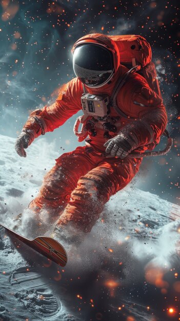 Vista di un astronauta in tuta spaziale che fa snowboard sulla luna