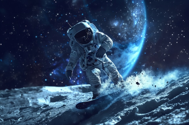 Vista di un astronauta in tuta spaziale che fa snowboard sulla luna