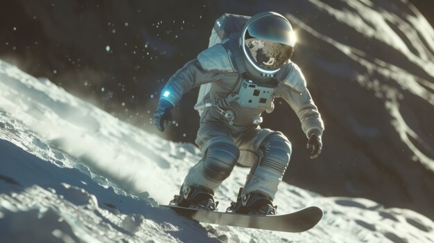 Vista di un astronauta in tuta spaziale che fa snowboard sulla luna