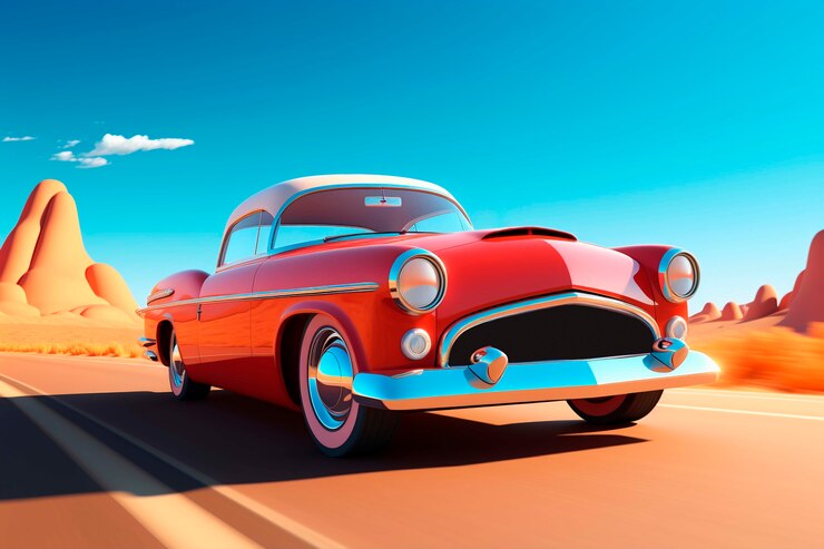 Foto gratuito vista di un'auto 3d con lo sfondo del cielo