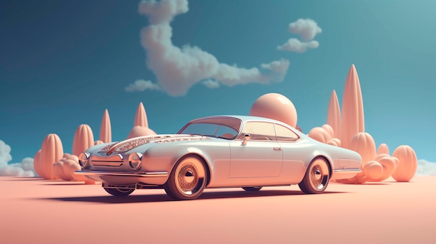 Vista di un'auto 3D con paesaggio astratto