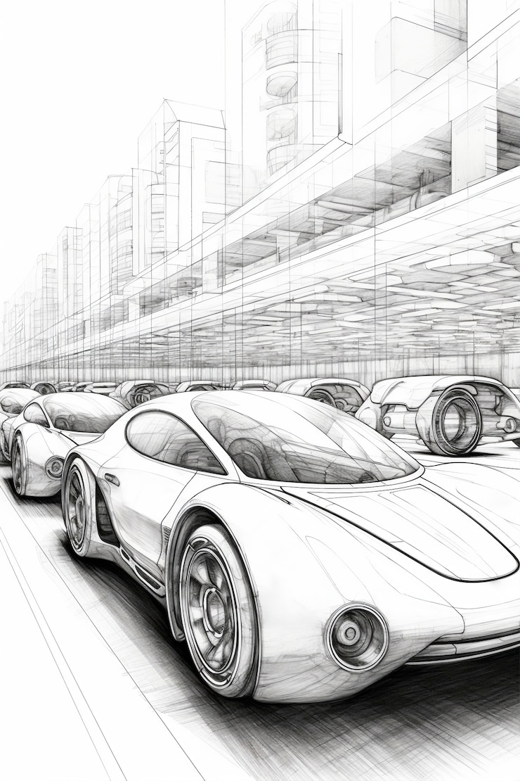 Foto gratuito vista di un'auto 3d in stile schizzo