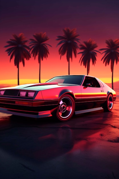 Vista di un'auto tridimensionale con lo sfondo del tramonto