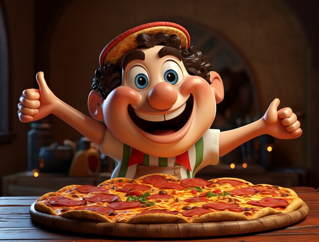 Vista di un bambino dei cartoni animati con una deliziosa pizza 3D