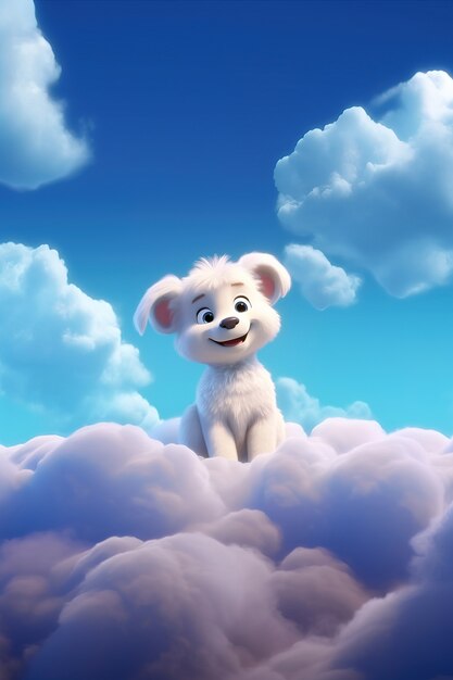 Vista di un cane adorabile in 3D con nuvole soffici