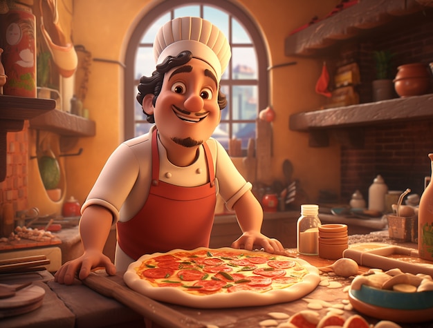 Vista di un cuoco dei cartoni animati con una deliziosa pizza 3D